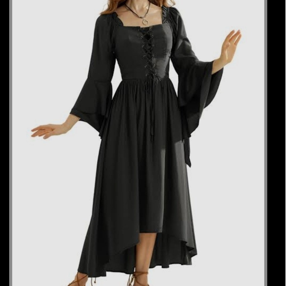 Scarlet Darkness Black Ren Faire Gothic Lace Up Corset Dress Bell Sleeve Midi